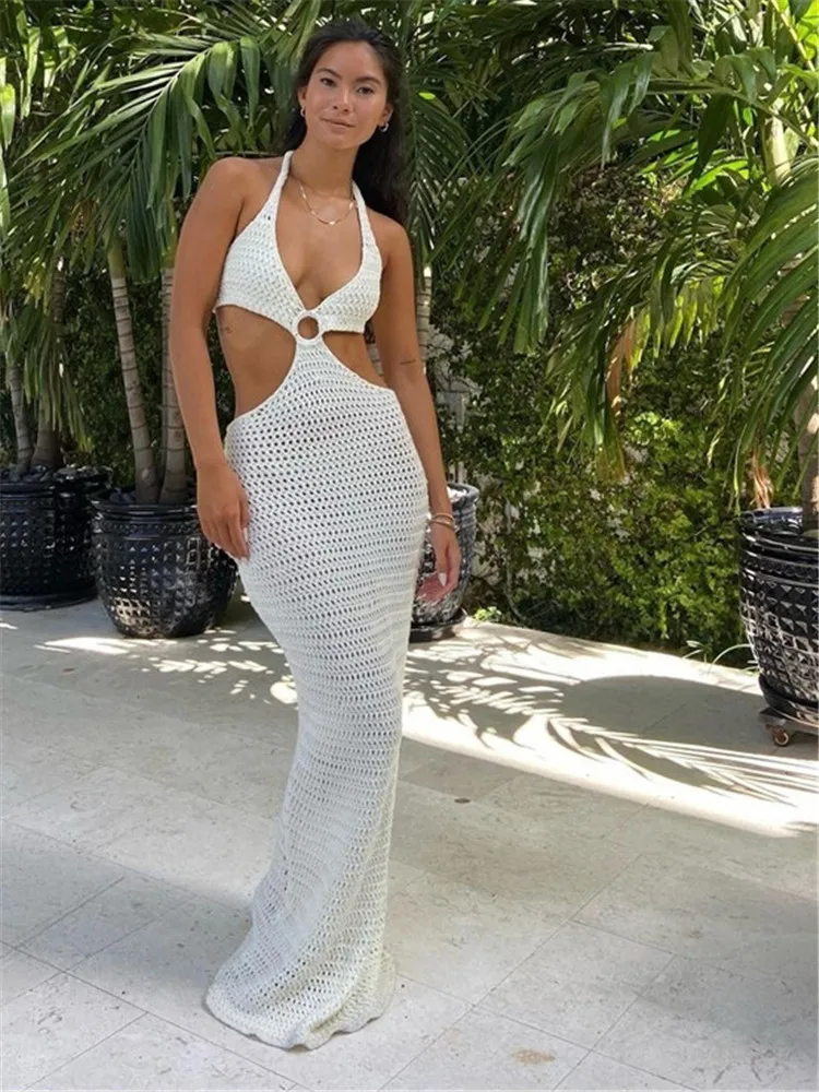 

2023 Fashion Bodycon V Neck Maxi Dress Sleeveless Party Summer Beach Women Sexy Elegant Hollow Even Dresses Halter Knitted Robe