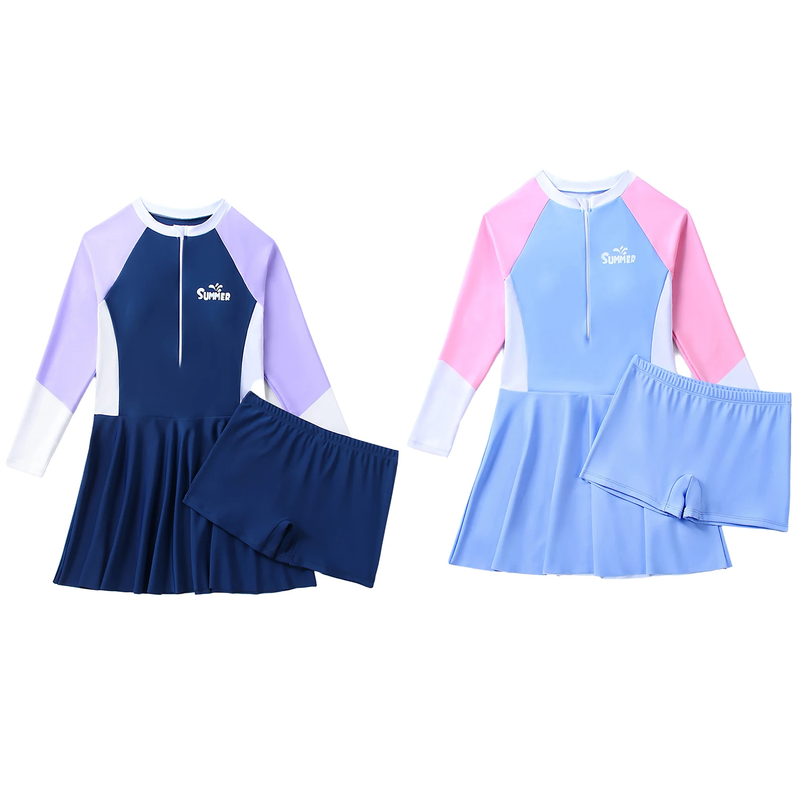 Costume da bagno rash guard per bambina, set da bagno modesto, abito da bagno a maniche lunghe con pantaloncini per la pratica del nuoto delle vacanze estive in spiaggia