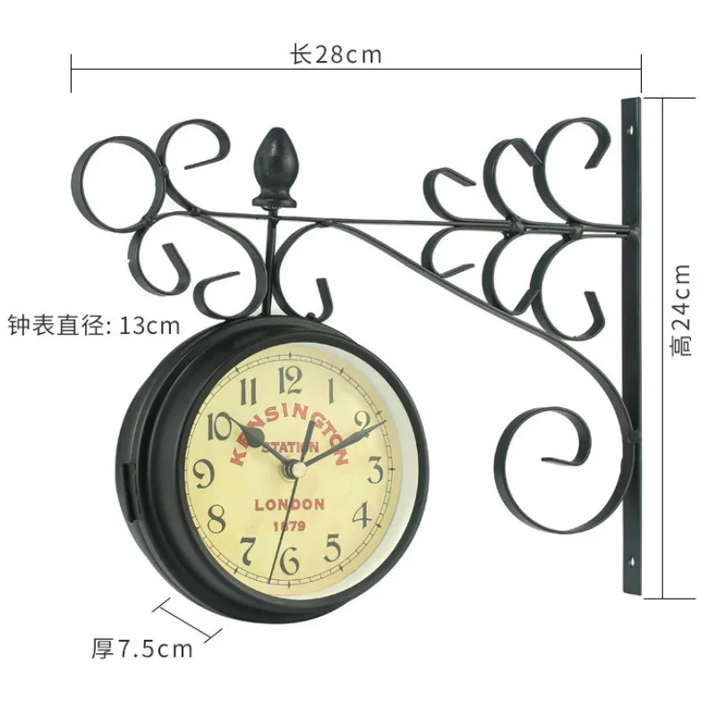 Vintage Decorative Double Sided Metal Wall Clock Antique Style Station Wall Clock Wall Hanging Clock Garden Bar Decoration