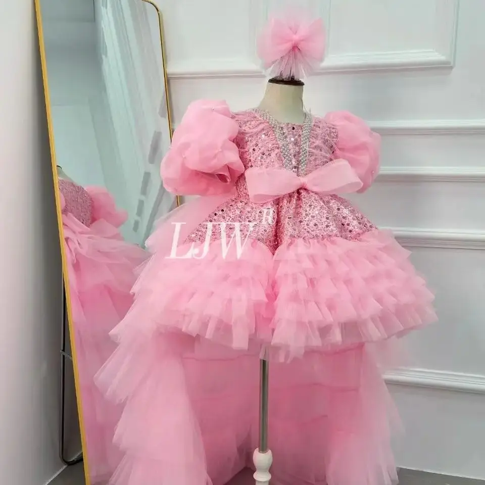 2025Light luxury girl performance dress Wedding Birthday Princess Feather Tulle High-Low Pageant Dress First Communion Gown 1-12