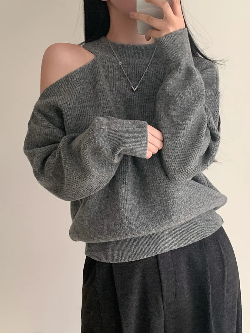 Fashionable Retro Style Long Sleeve Shoulder Bared Knitted Sweater for Women Elegant Pure Desire High End Feeling Autumn Wint...