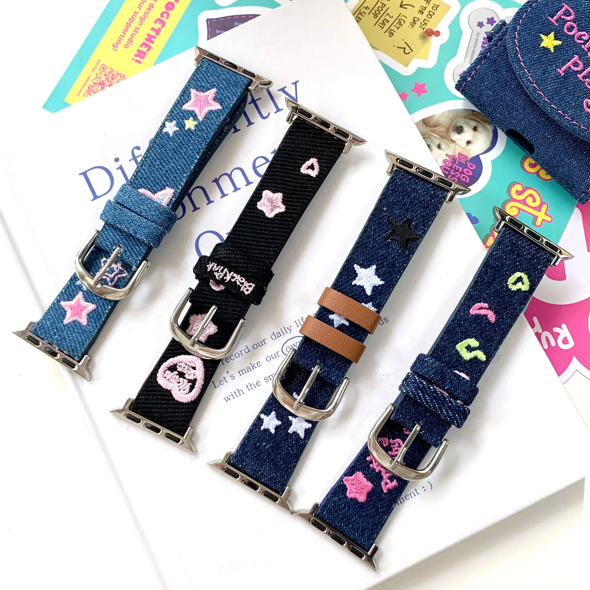 Denim Embroidery Strap For apple watch band 44mm45mm42mm41mm40mm Retro Leather Wristband iWtch Ultra 8 49mm 7 6 5 4 SE 3 Series