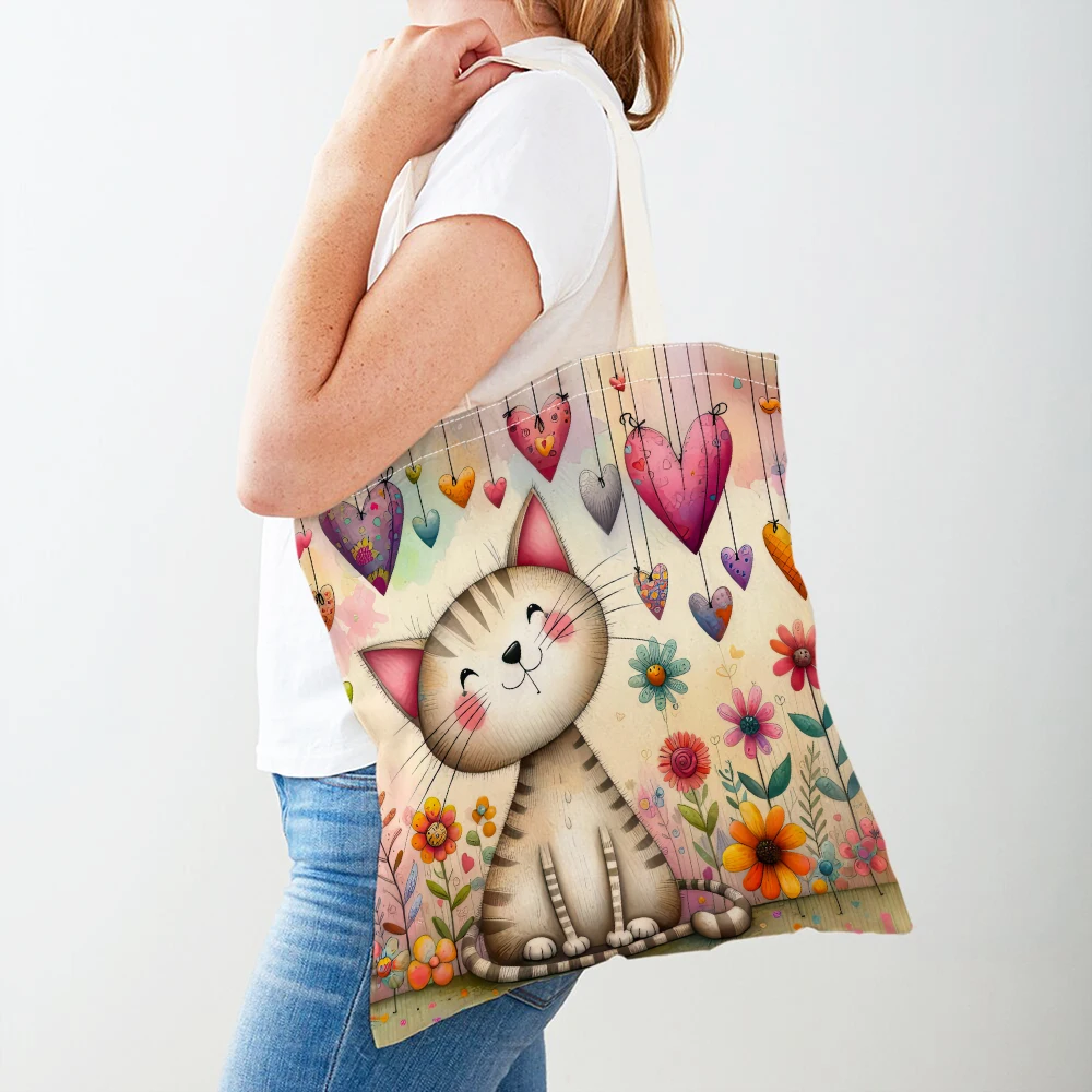 Watercolor Cute Cartoon Cat Women Shopper Bags Tote Double Print Pet Animal Travel Shoulder Handbag Shopping Bag Children Gift