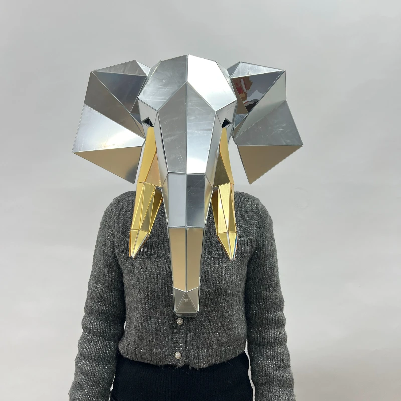 Srebrne Lustrzane Słoń Hełm Rave Zwierzęca Ozdoba na Głowę 3D Demon Festiwal Muzyczny DJ Maska Klub Rekwizyty Taneczne Rogaty Demon Mask