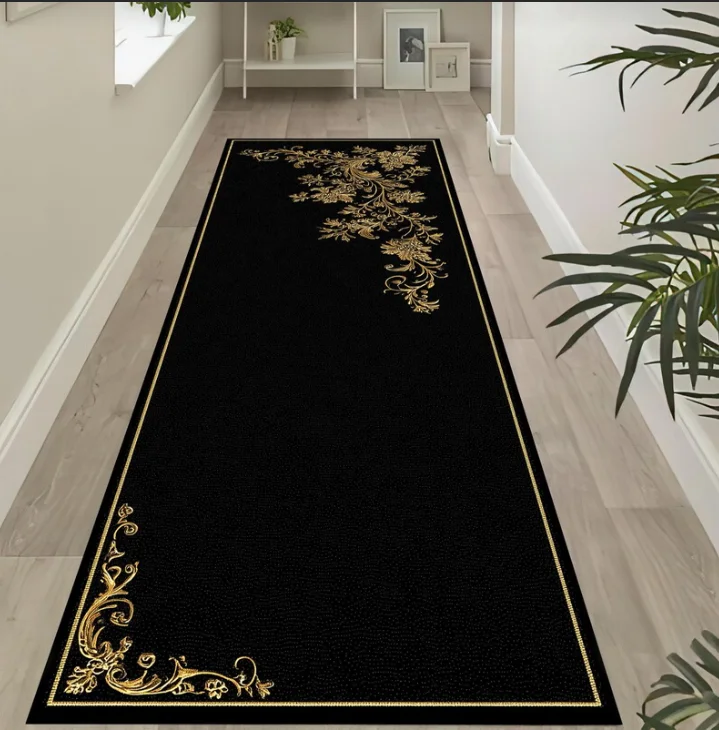 سجادة عداء ذهبية باروكية سجادة سوداء أنيقة فاخرة بنمط زهور كلاسيكية للمدخل وغرفة النوم ديكور المنزل #1