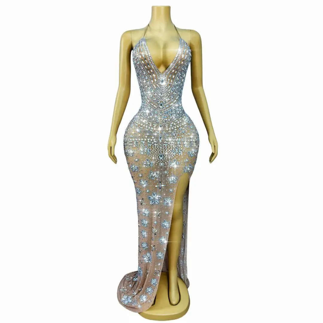 Xiaoxianghua Sparkling Silver Rhinestone Evening Gown Sexy V-neck See Through Mesh Slit Dress Celebrity Red Carpet Dinner Dress