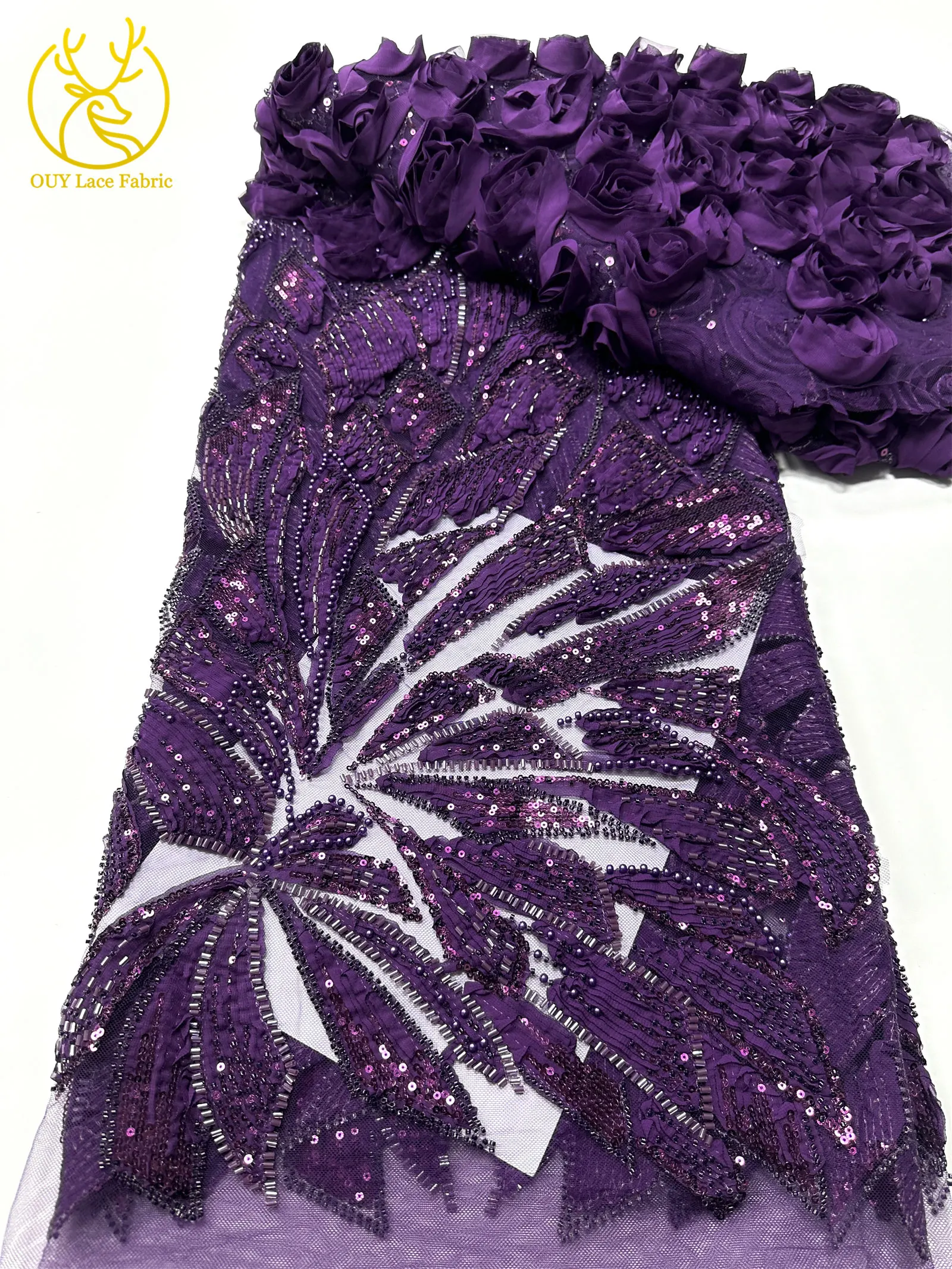 Rosa 3D Mode-Mesh-Tüll-Spitzenstoff 2026 Nigerianischer Perlen-Pailletten-Spitzenstoff für Damen Hochzeits- und Abendkleider zum Nähen 5 Yards – Detail 8