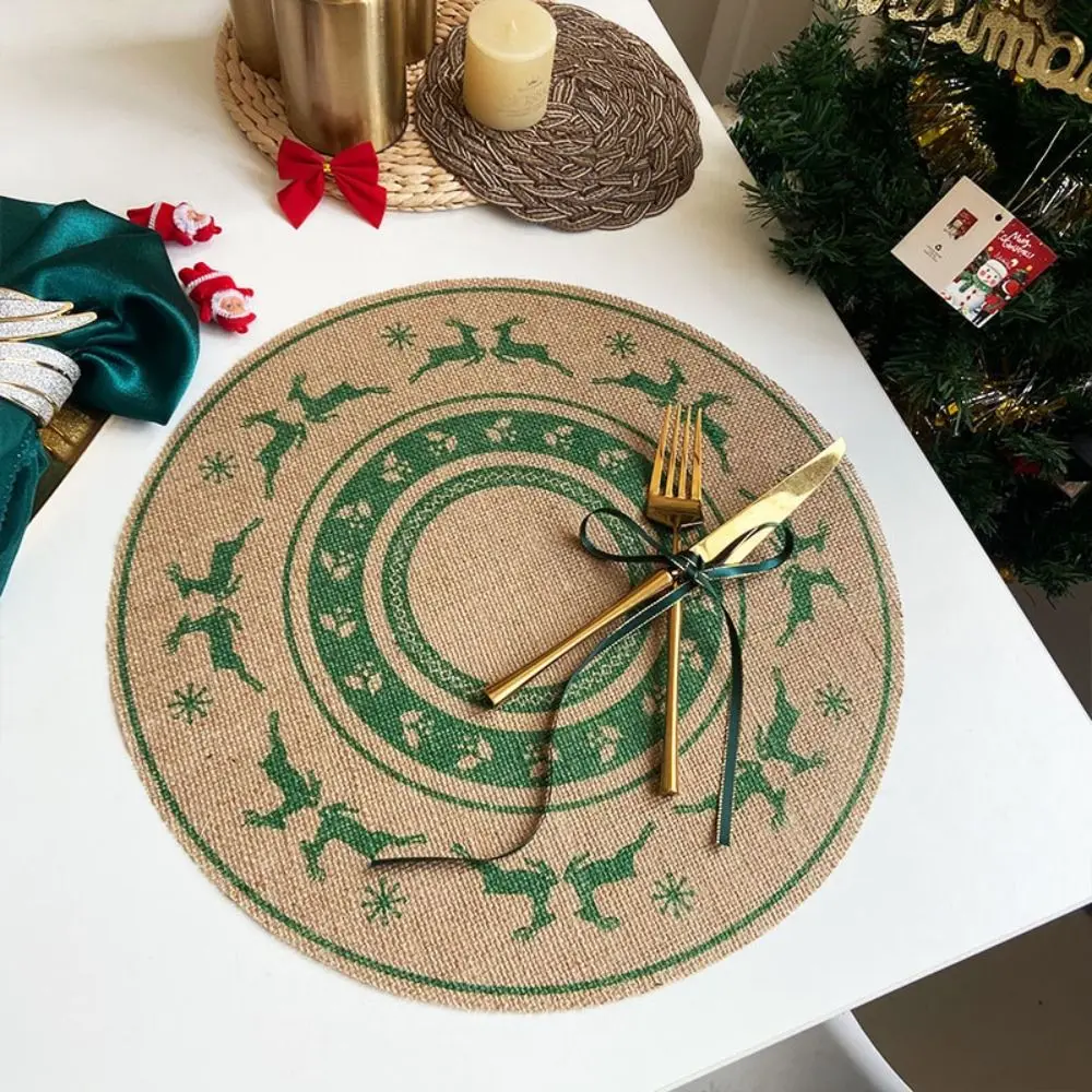 

Santa Snowflakes Jute Christmas Placemat Vintage Round Tableware Mat Retro Printing Coaster Home