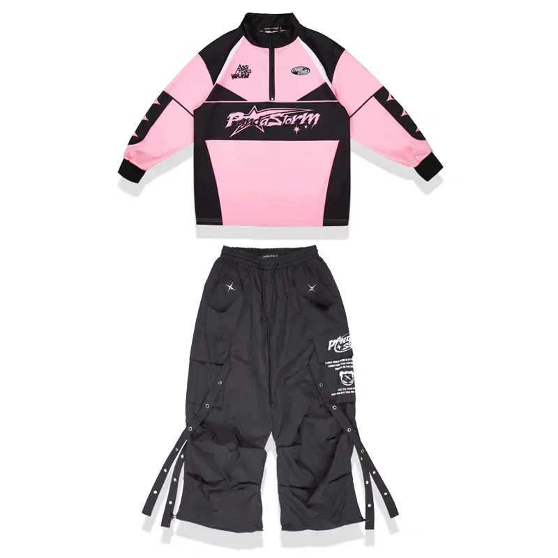 Costume de danse Hip Hop pour filles, hauts roses, pantalons noirs, vêtements de spectacle de danse Jazz pour adolescents et garçons, tenues Kpop, vêtements de scène pour enfants