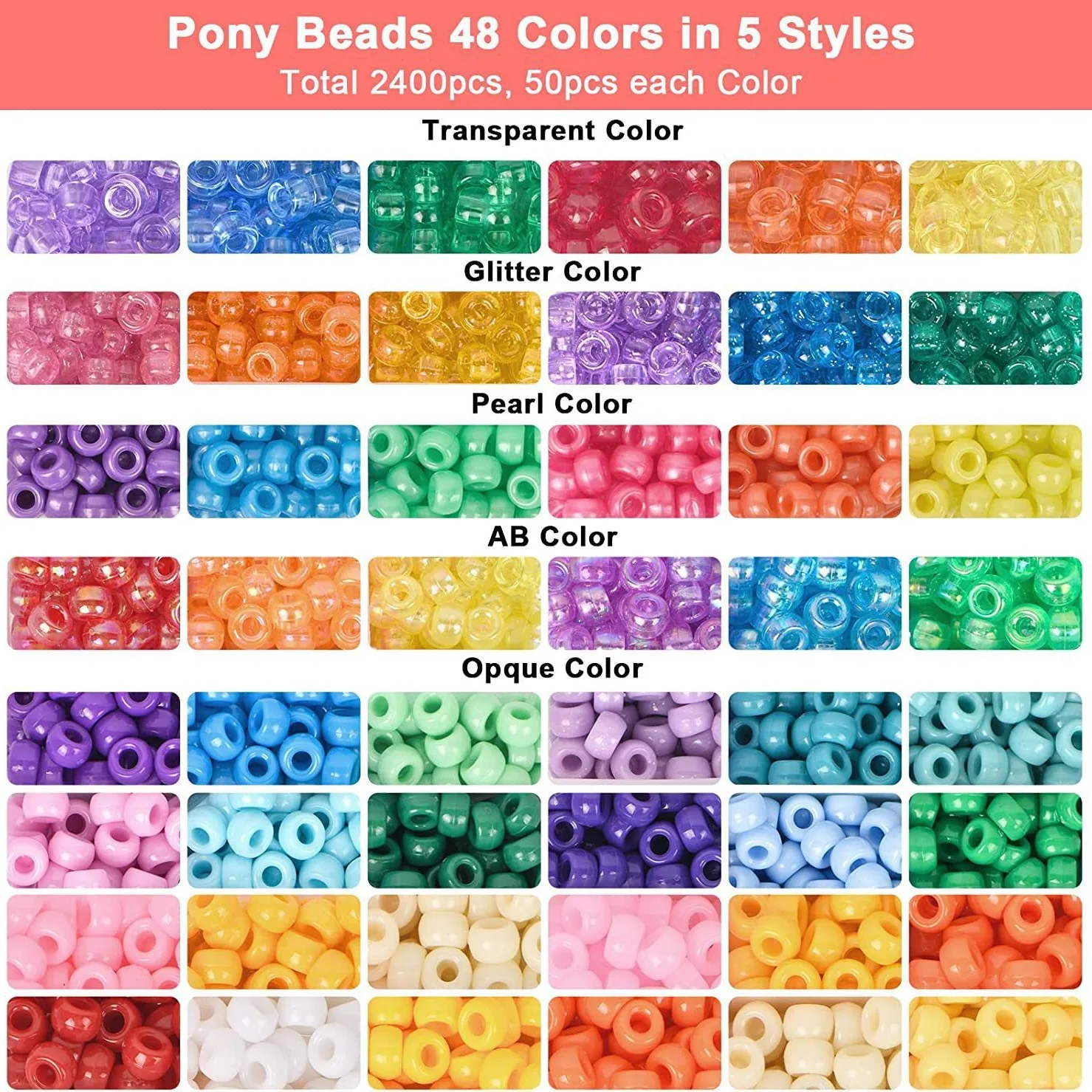 Pony Beads Set - 2400pcs Rainbow Beads and 800pcs Letter Beads with Elastic Threads for Jewelry Making