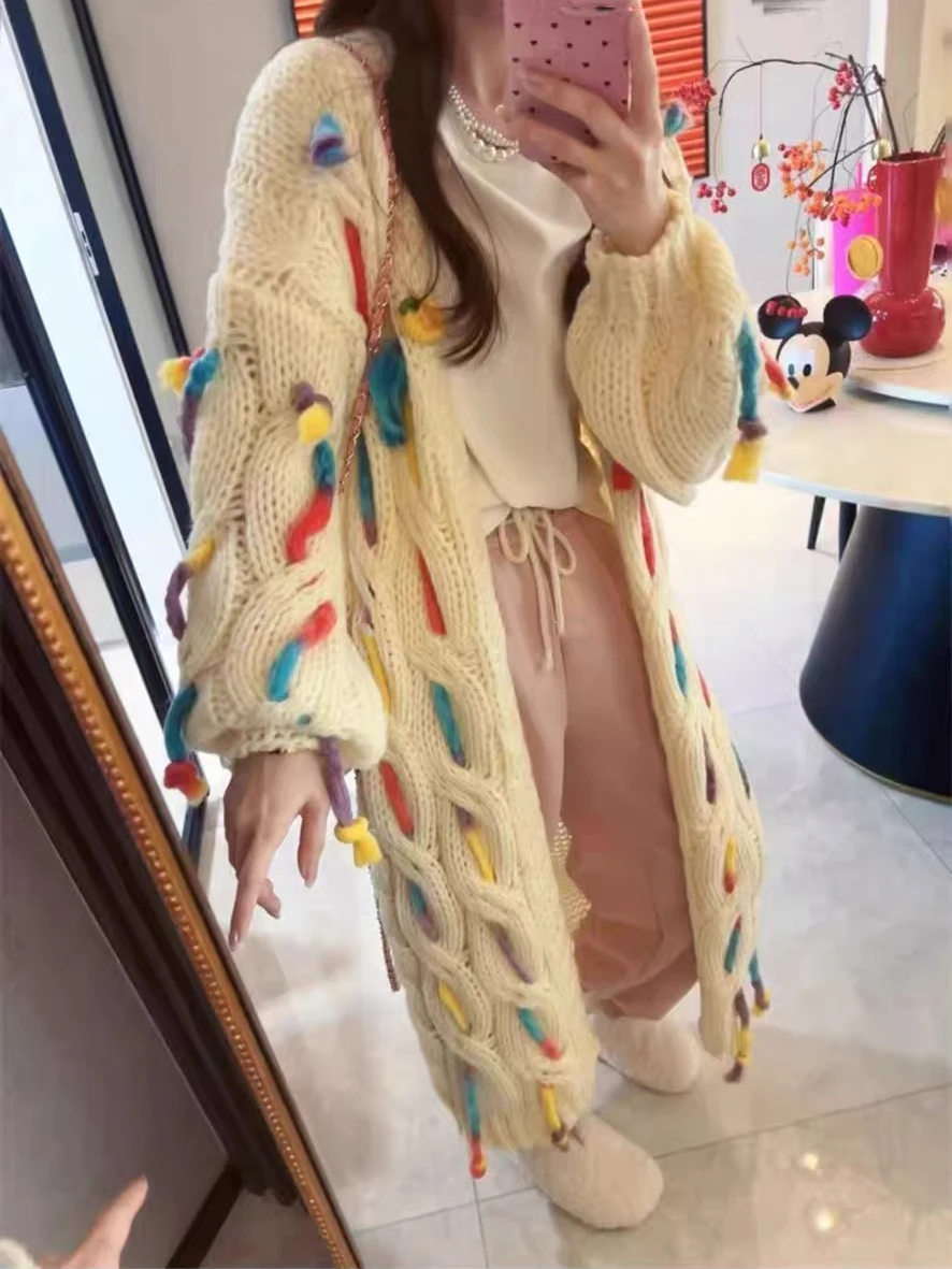 2024 Fall Winter Sweet Handmade Coarse Wool Knitted Long Cardigan 90s Y2k Tassel Embroidered Coat Women\'s Winter Knitwear C-231