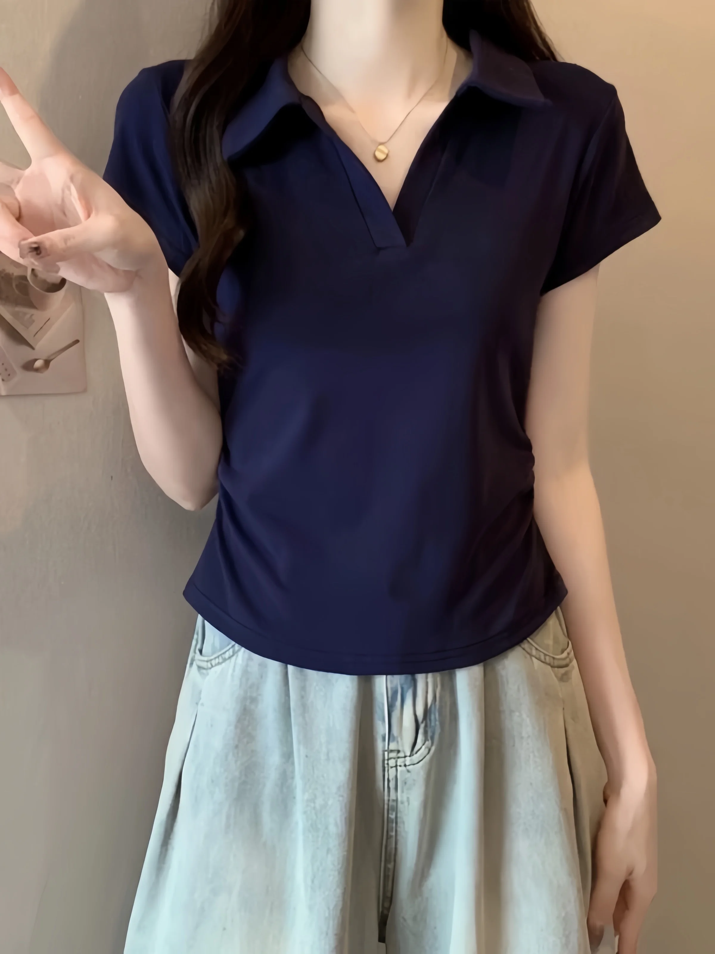 Women's 95 Cotton  Neck Short Sleeve T-Shirt Slim Fit Casual Waist Cinched Summer White Comfortable Breathable Top