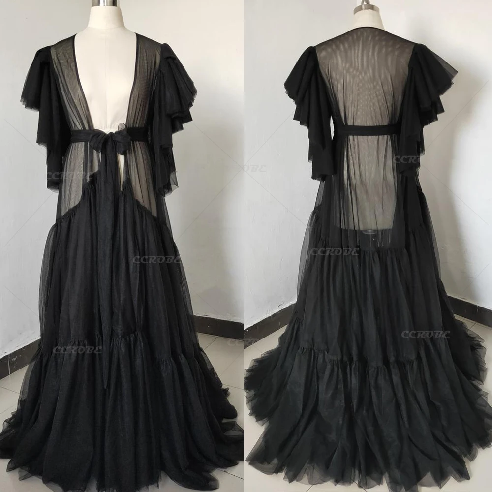 

Black Maternity Robe Kimono Sleepwear Perspective Sheer Tulle Bride Dressing Gown Nightgown Wedding Pregnancy Photo Shoot Dress