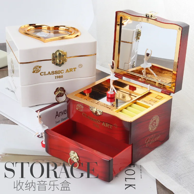 Creative Wooden Music Jewelry Box, Hand Cranked, Winding, Dancing, Ballet, Women's Mirror, Retro Home Decoration Gift