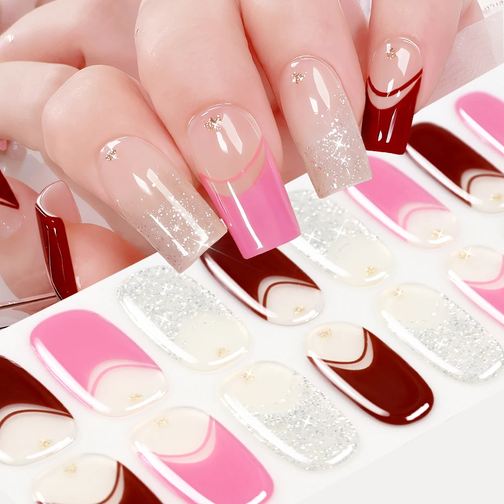16Tips Nude Burgundy Ombre Baking-Free Gel Nail Strips with Gold Glitter Nails Stickers for Daily&Party Full Cover Manicure Wrap