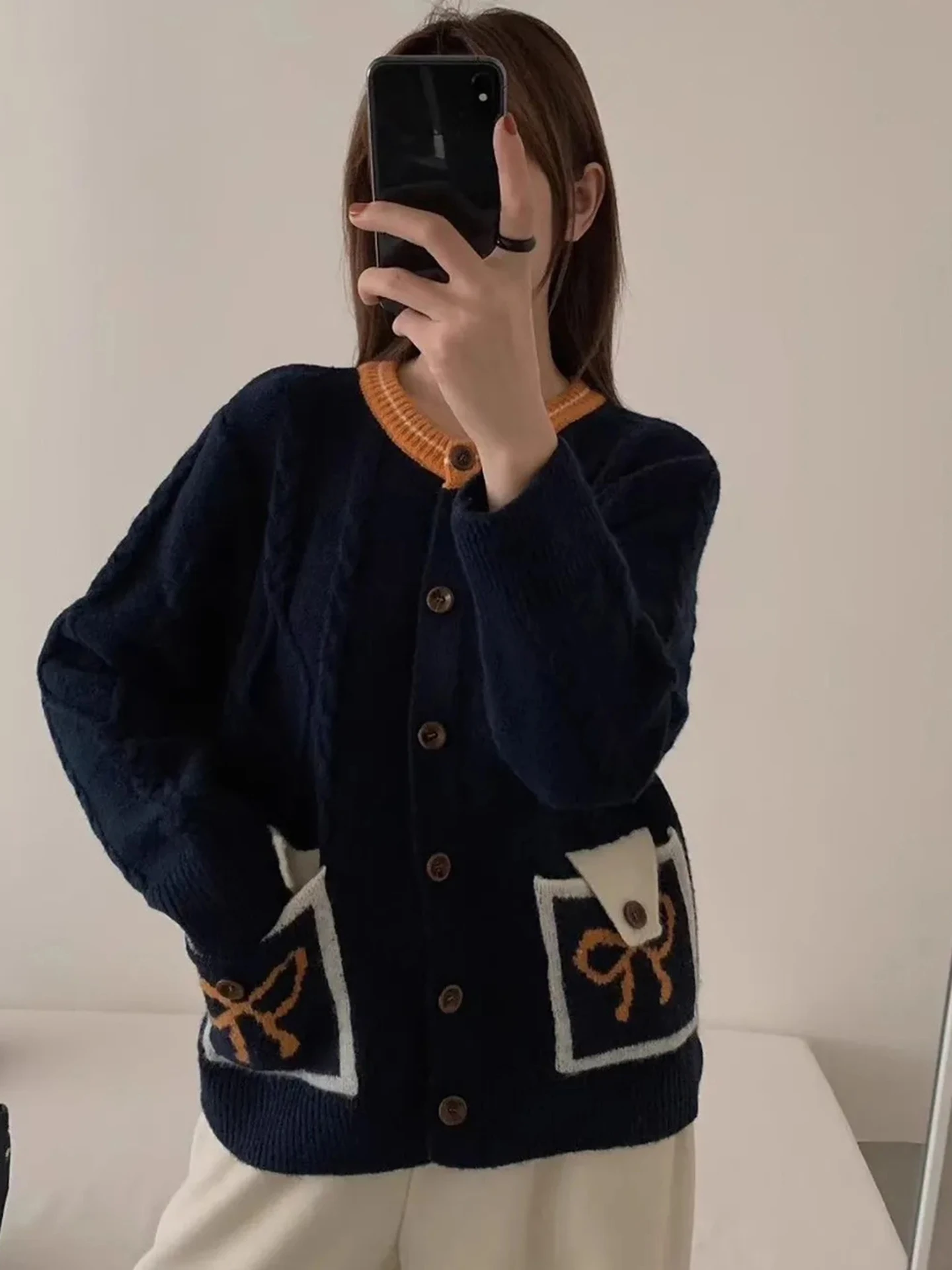 

Женский кардиган из 100% мериносовой шерсти, однобортный свитер с круглым вырезом, осень-зима, вязаная одежда с двойными карманами