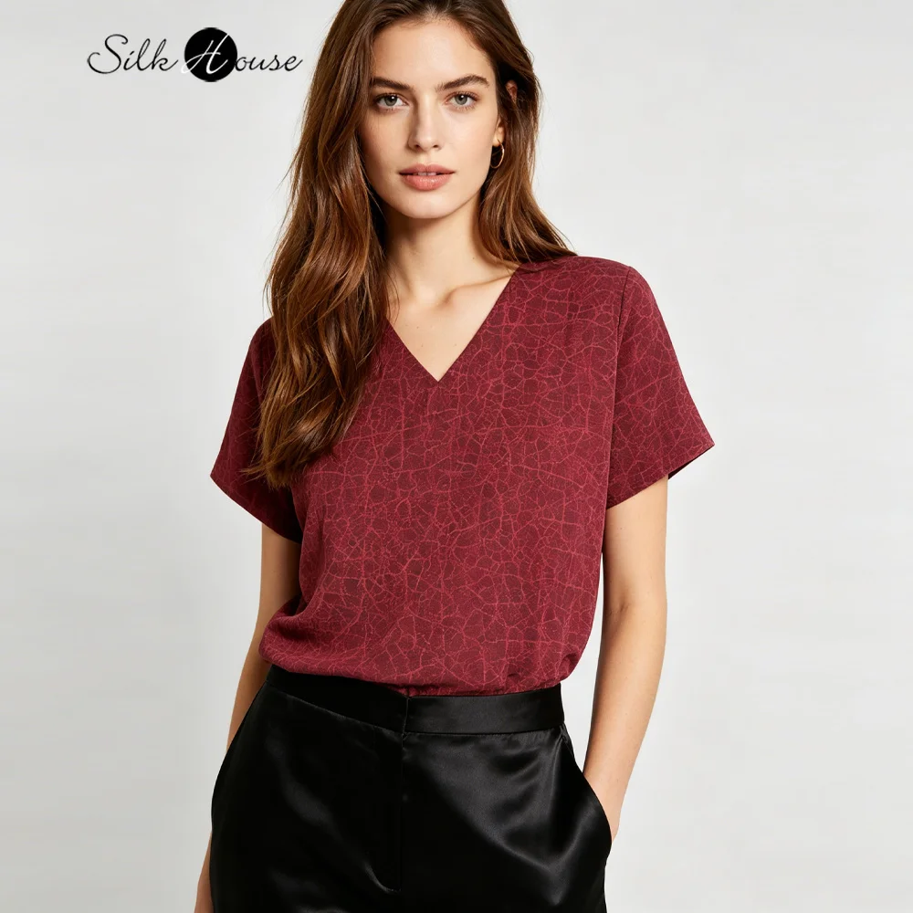 Women's Casual Summer New Red 100% Natural Mulberry Silk Gambiered Guangdong Gauze Turtle Crack V-neck Short Sleeved T-shirt