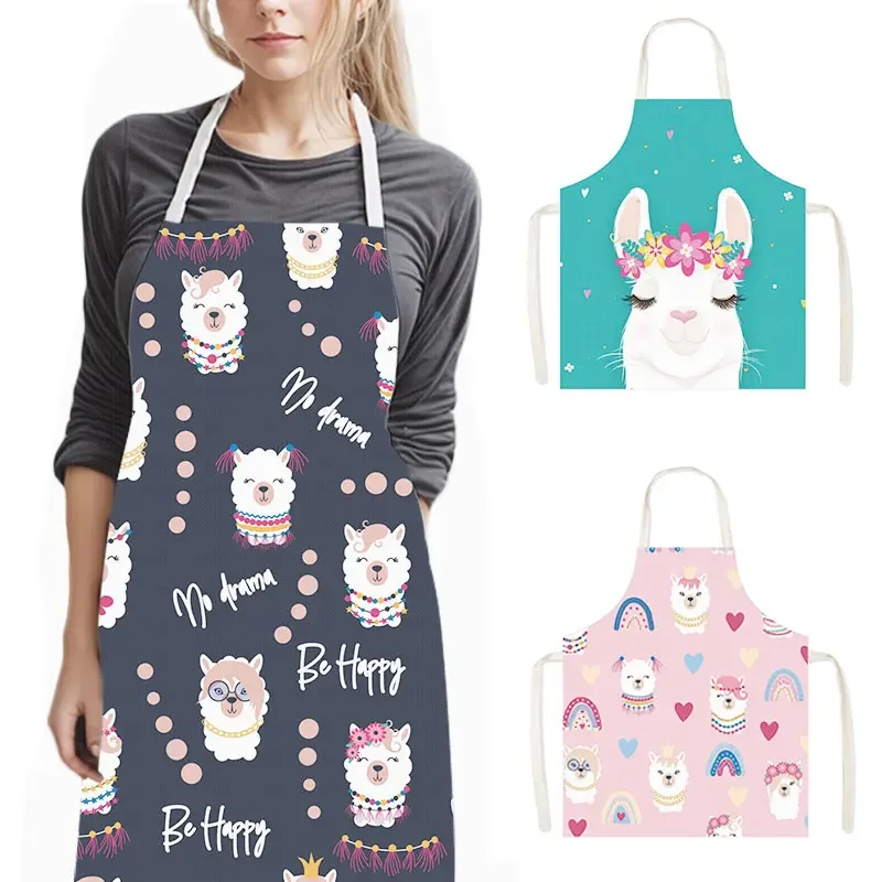 Cartoon Animal Alpaca Print Kitchen Apron Funny Llama Women Men Baking Household Cleaning Tools Waiter Chef Cooking Pinafore