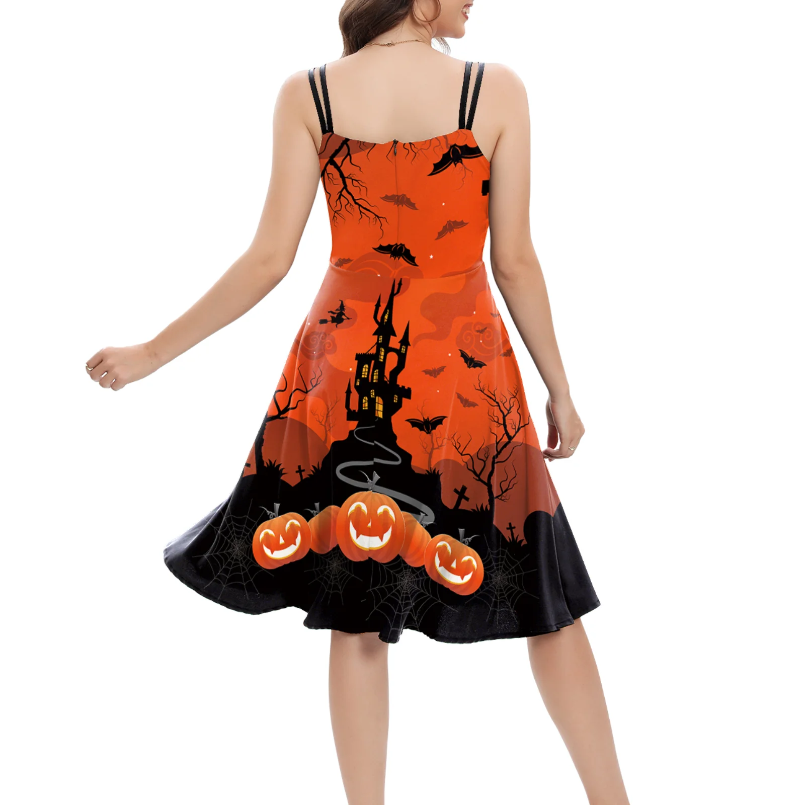 Vip Mode Spaghettiband Jurken Pompoen Patroon Halloween Feestjurk Voor Vrouwen Knielengte Sexy Slip Jurk Zomer Kleding