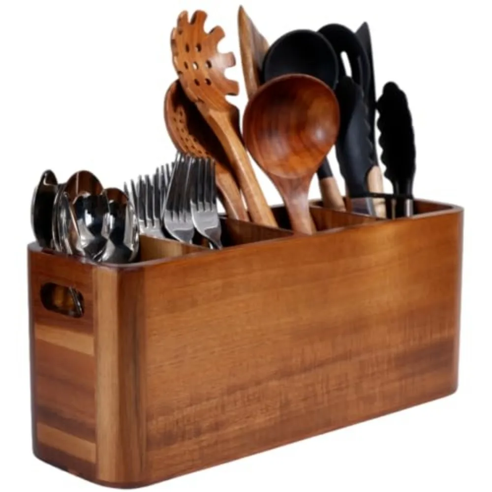 Kitchen Utensil Holder Organizer for Counter or Countertop, Large Wooden Utensil Holder for Storage Cooking and Silverware with 4 Compartment, Acacia Rustic Wood Container Extra Large