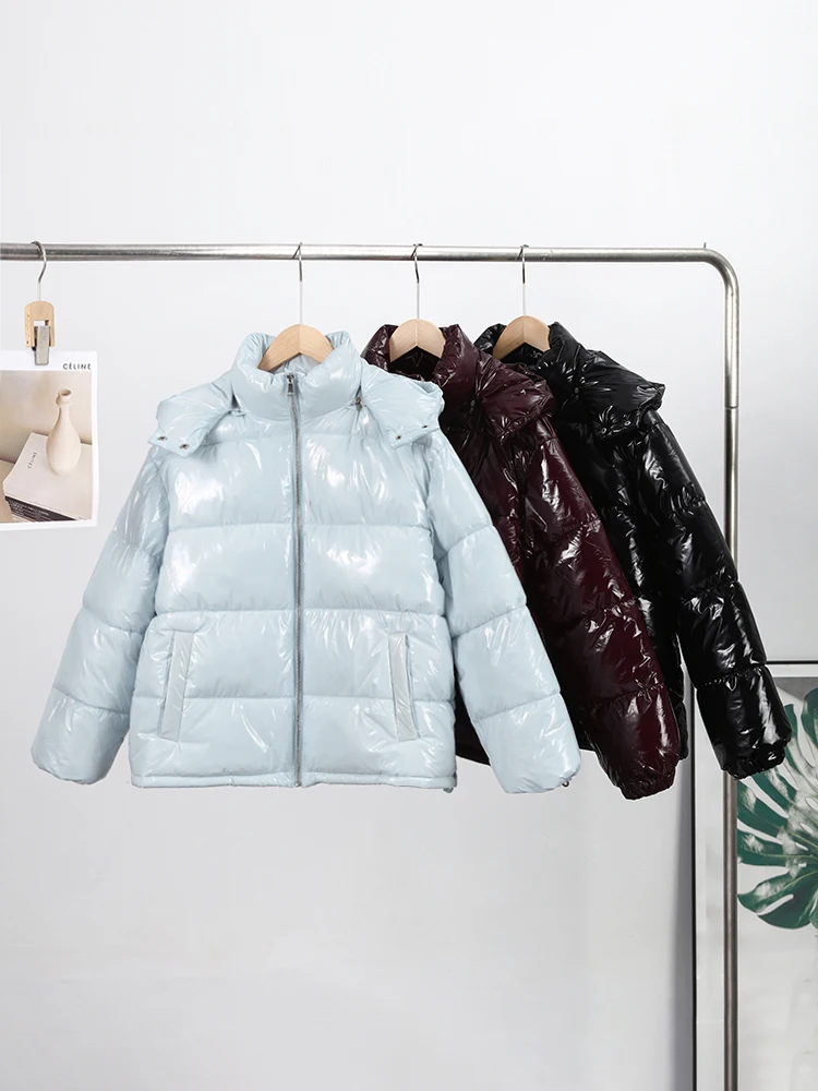 Kurze Glänzende Kapuzenjacke für Damen, Street-Style Stehkragen, Laternenärmel, Lose Passform, Modische Damenjacken, Neue Oberbekleidung – Detail 3
