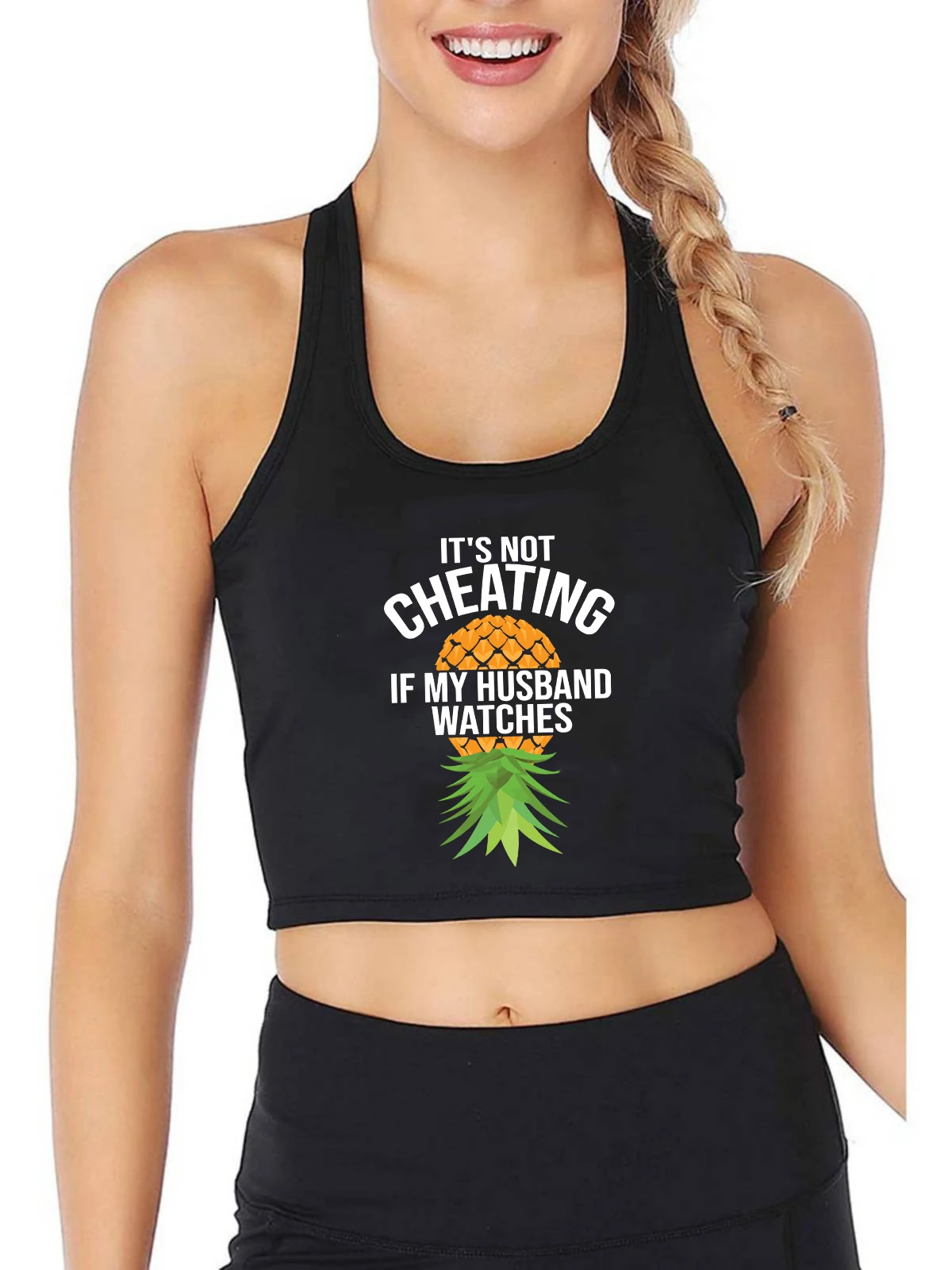 Upside Down Pineapple Graphics Tank Tops Hotwife It's Not Cheating If My Husband Watches Print Crop Top Swinger Sexy Camisole