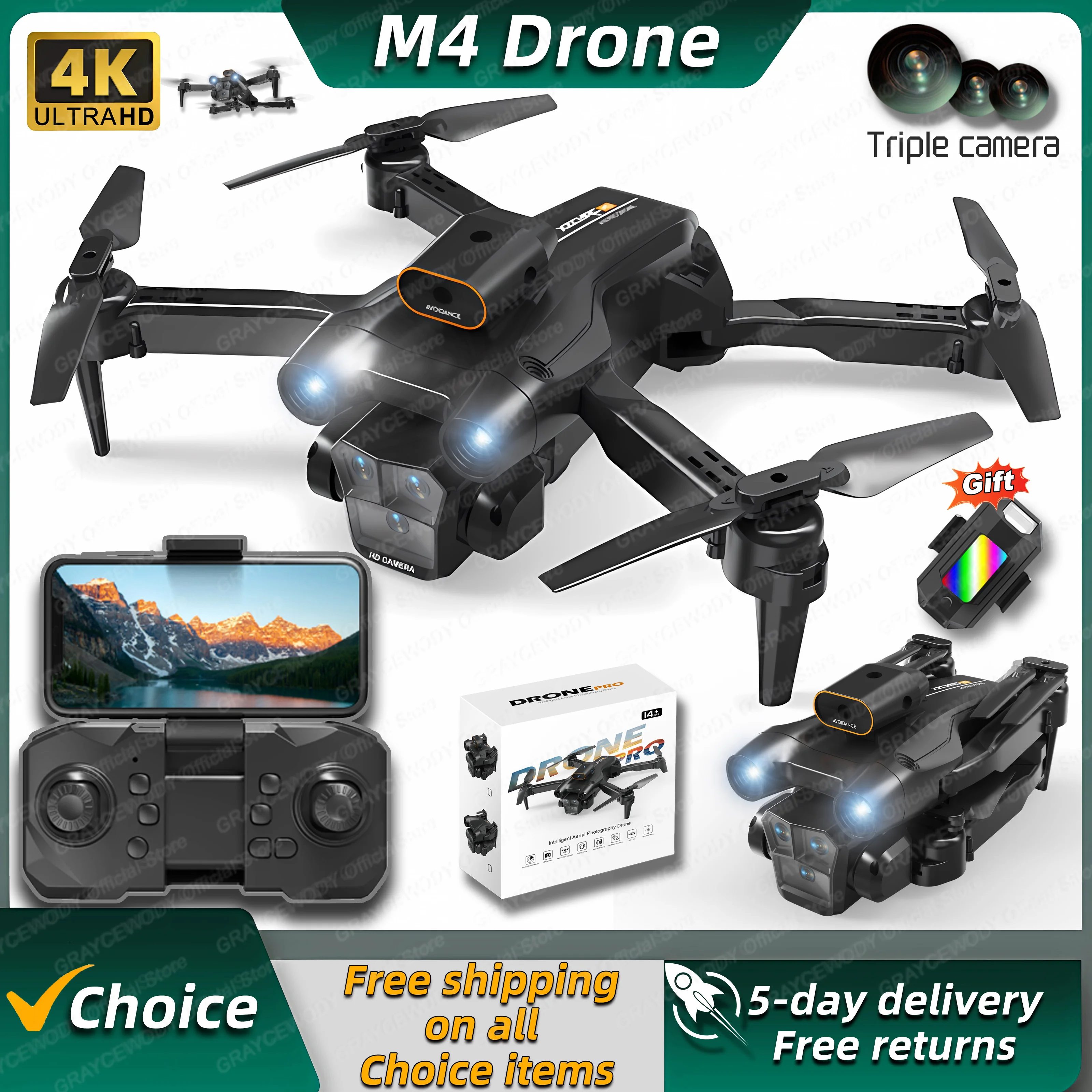 New M4 RC Drone 4K Professinal With 5G WIFI MINI Dron Triple HD Camera Foldable RC Quadcopter FPV Height Hold Apron Sell ADD LED