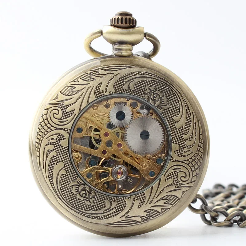 Bronze Retro Charm Mechanical Automatic Pocket Watches For Men Women Middle-aged and Elderly Father's Chain Pendant Best Gifts