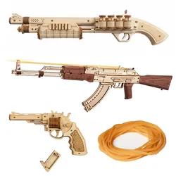 DIY Revolver,Scatter with Rubber Band Bullet Wooden Model Building Block Kit Assembly Toy Gift for Children Adult