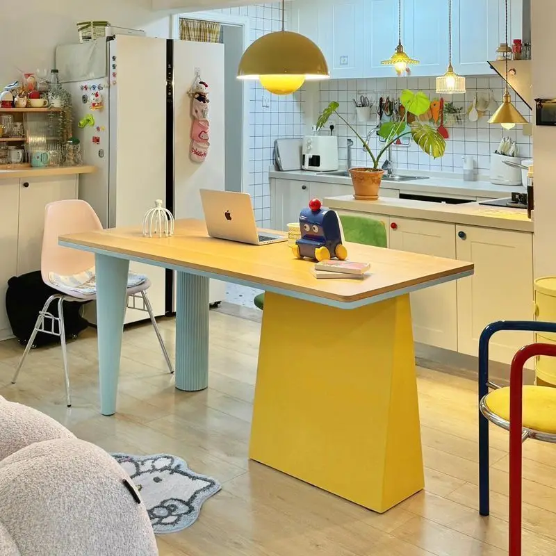 

Internet celebrity multi-color solid wood dining table eating table dopamine rectangular table designer