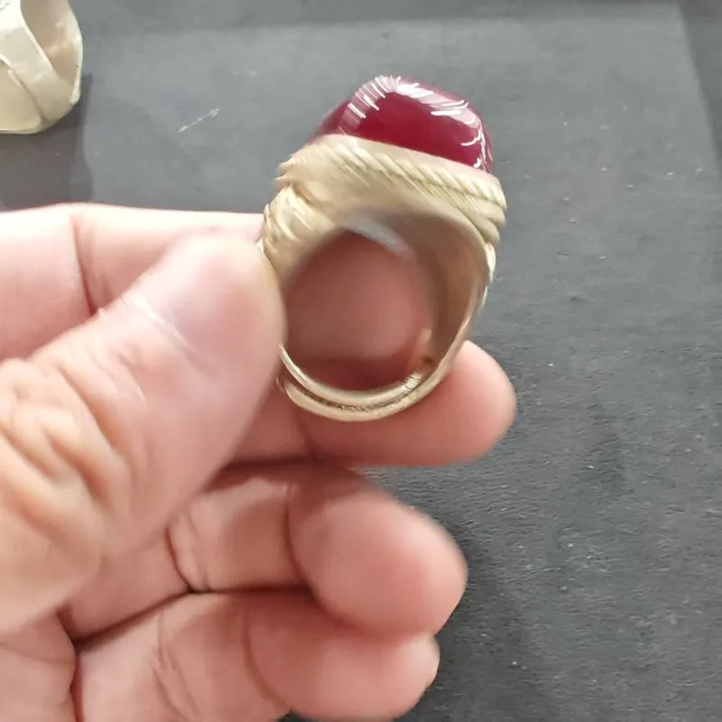 Vintage Tribal Unisex Ring Square Red Imitation Ruby Beaded Border Carved Metal Ethnic Statement Finger Jewelry Gift Ornament