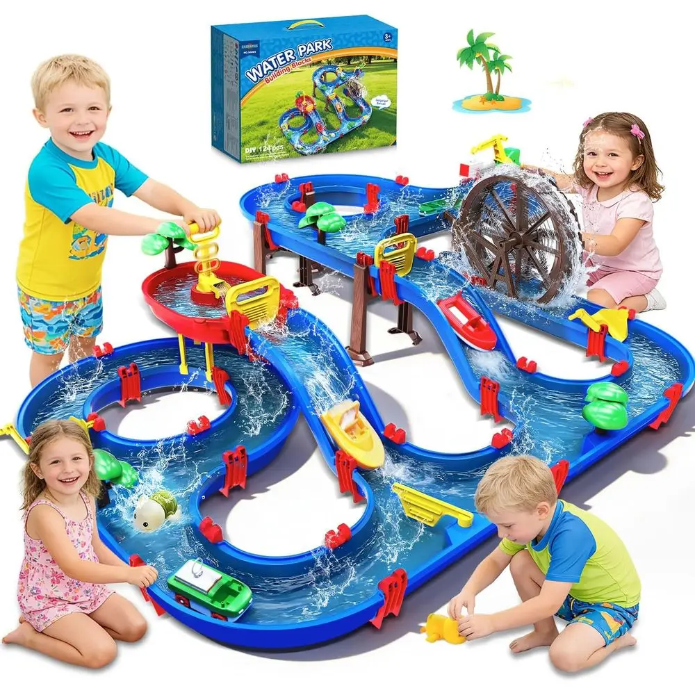 

TERUS 2-Tier Kids Watermill Water Table Toys, 124PCS Water Park Playset with Pump, Waterwheel, Summer Outdoor Water Toys Waterwa