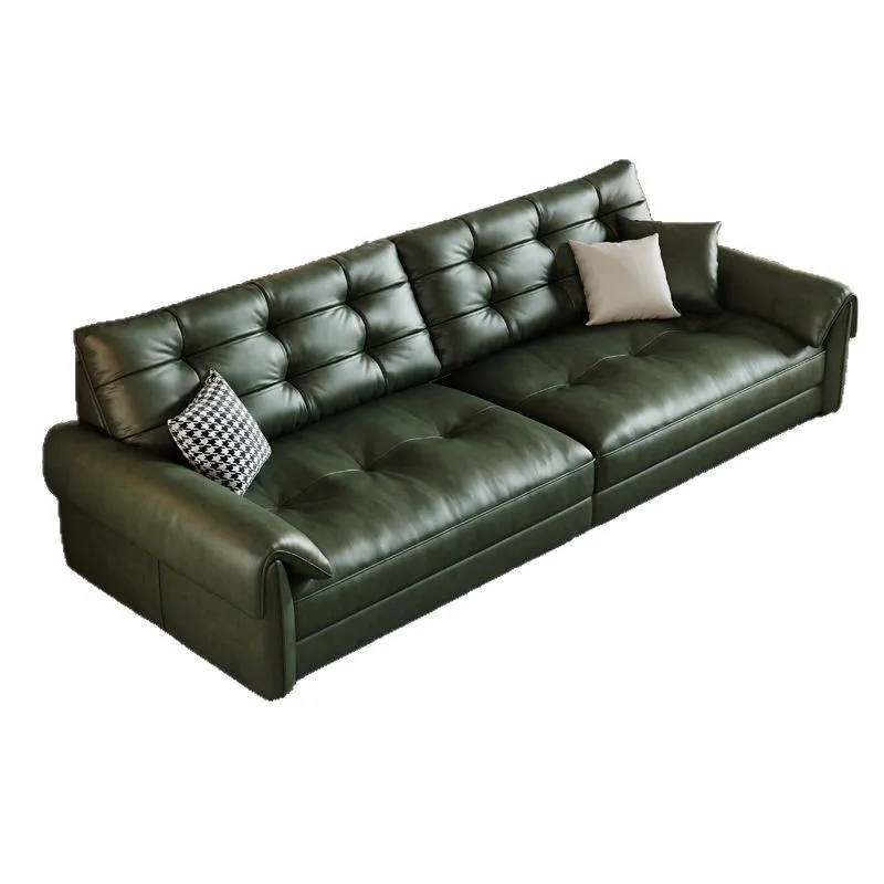 

Italian minimalist retro sofa living room antique American light luxury dark green straight row oil wax guest sofa