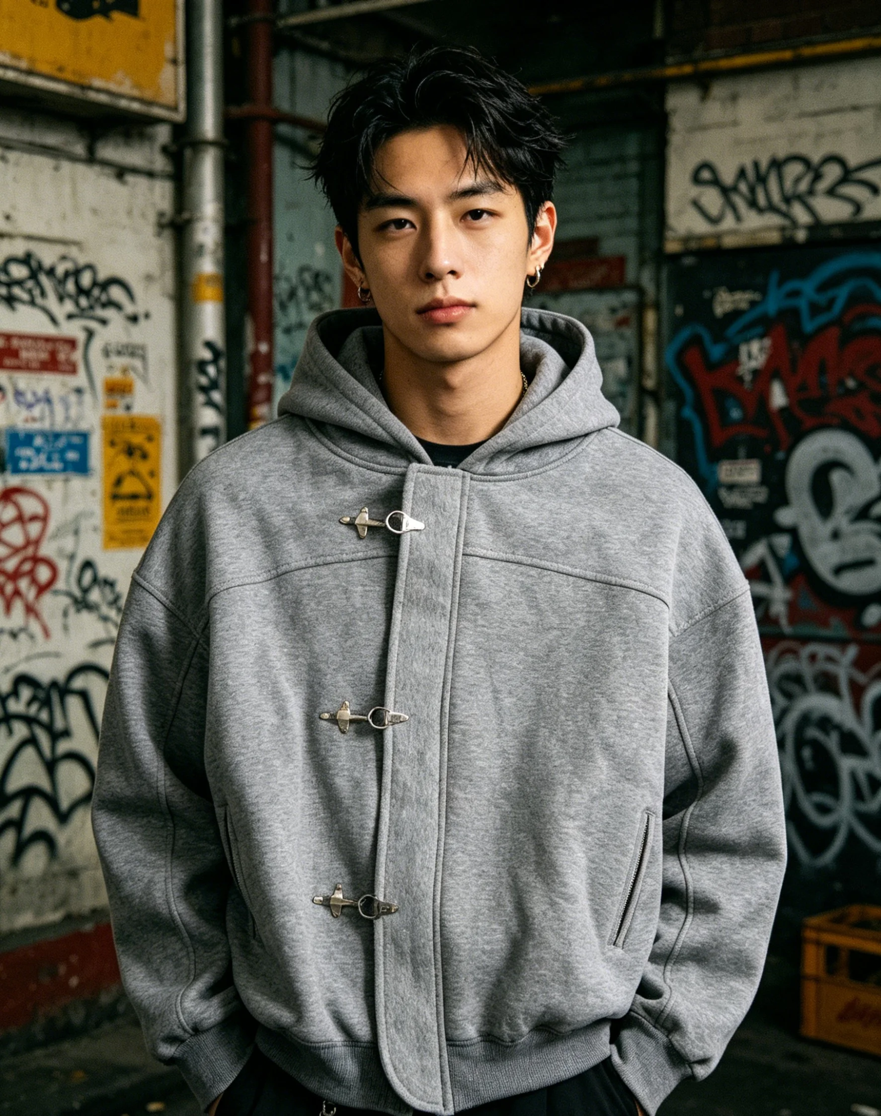 Old Money Style Linen Gray Airplane Buckle Hooded Sweatshirt, Heavyweight Cotton Loose Silhouette, Versatile for Daily Commuting