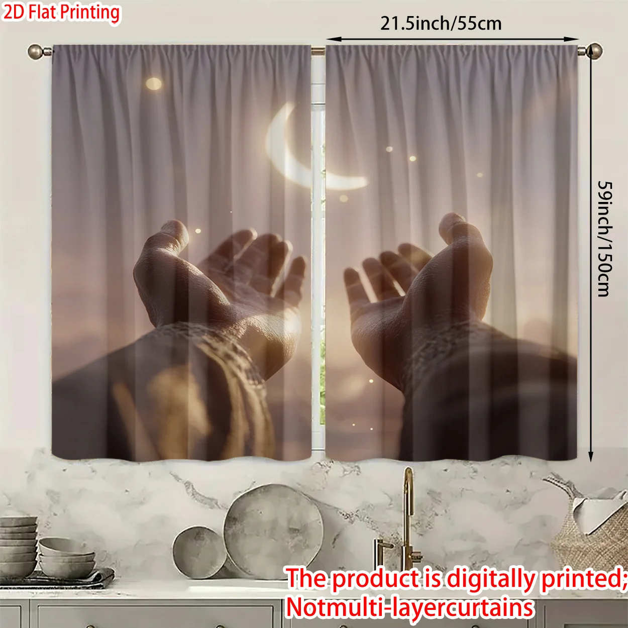 Decorative Digital Print Curtains Abstract Moon Hands Pair Sheer Light Filtering Window Drapes for Bedroom Living Room Home