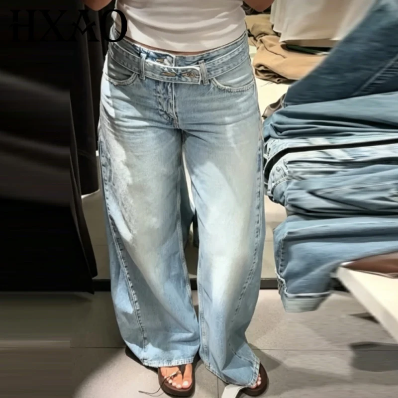 HXAO Blaue Baggy Jeans Damenhose Sommer 2026 Damenmode Mittlere Taille Weites Bein Gürtel Denim Hose Lässige Y2K Streetwear Hose – Detail 3