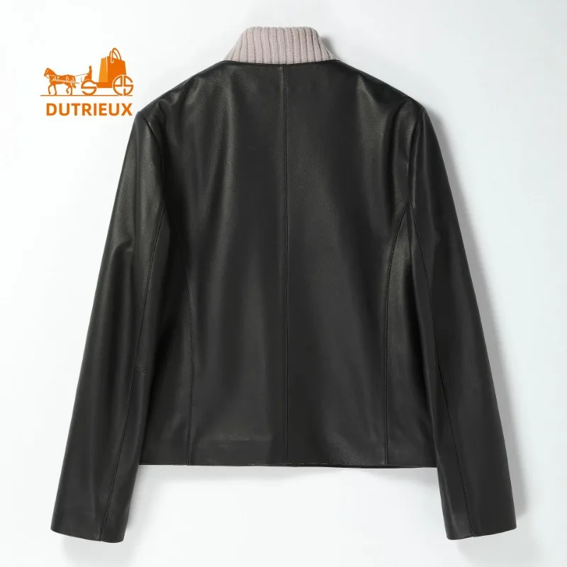 Chaqueta de cuero genuino para mujer, abrigo corto de piel de oveja con cuello redondo, temperamento elegante, chaqueta de cuero de vaca cálida para