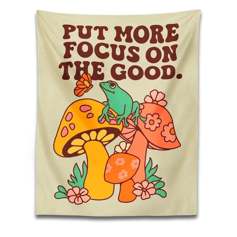 1pc Mushroom Frog Tapestry Wall Hanging Retro Put More Focus on the Good Trippy Aesthetic Room Decor Vintage Boho Wall Art