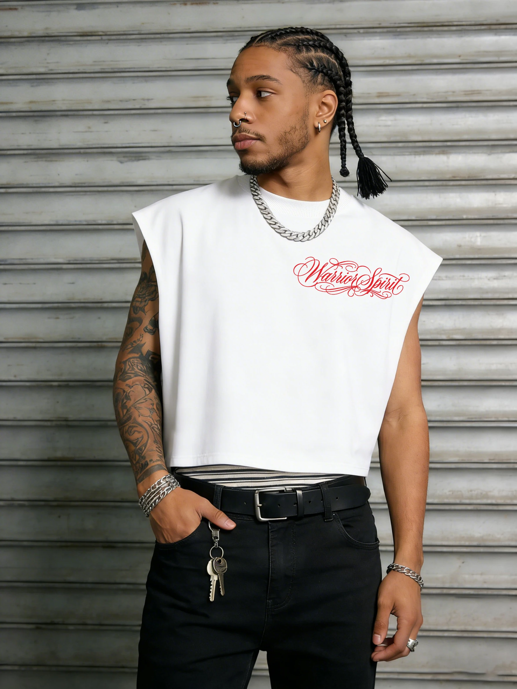 Herren Warrior Spirit Drachen Tiger Katana Rückendruck Ärmelloses Crop Tank Top Polyester S-2XL Locker Y2K Streetwear Cut-Off Weste – Detail 4