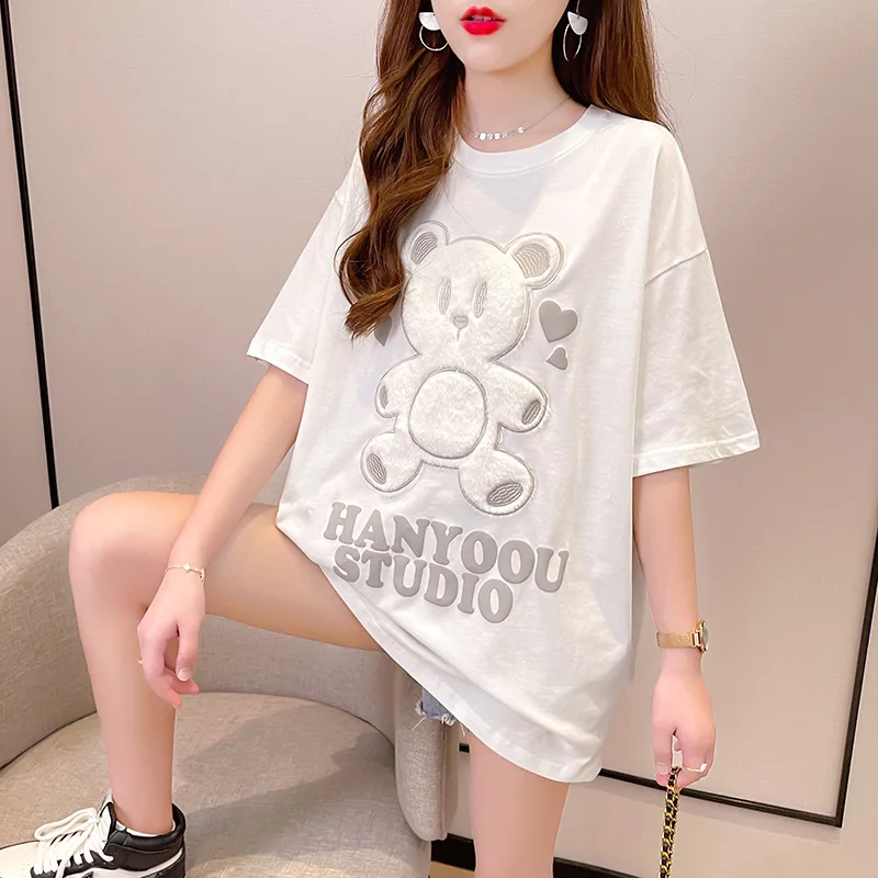 Heavy Industry Cartoon Bear Embroidery Embroidered Pink Medium Length Short Sleeve T-Shirt Top Women