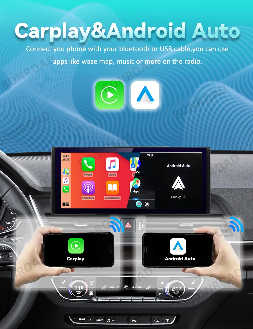 Bonroad 12,3 Linux Bildschirm für Audi Q5 Q5L 2017-2023 mit Wireless Apple CarPlay Android Auto Airplay Auto Radio Player Mutimedia – Detail 1