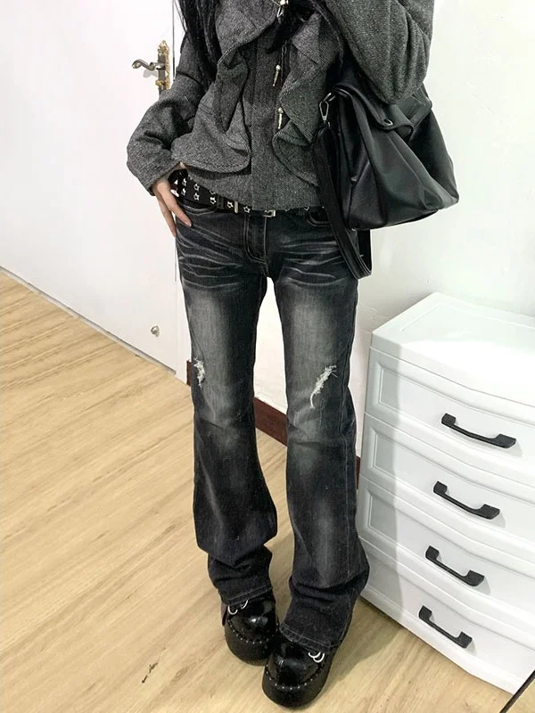 Low Waist Y2K Vintage Distressed Denim Jeans Women's Bell Bottoms Frayed Hem American Retro Style Slim Fit Floor-Length Pants