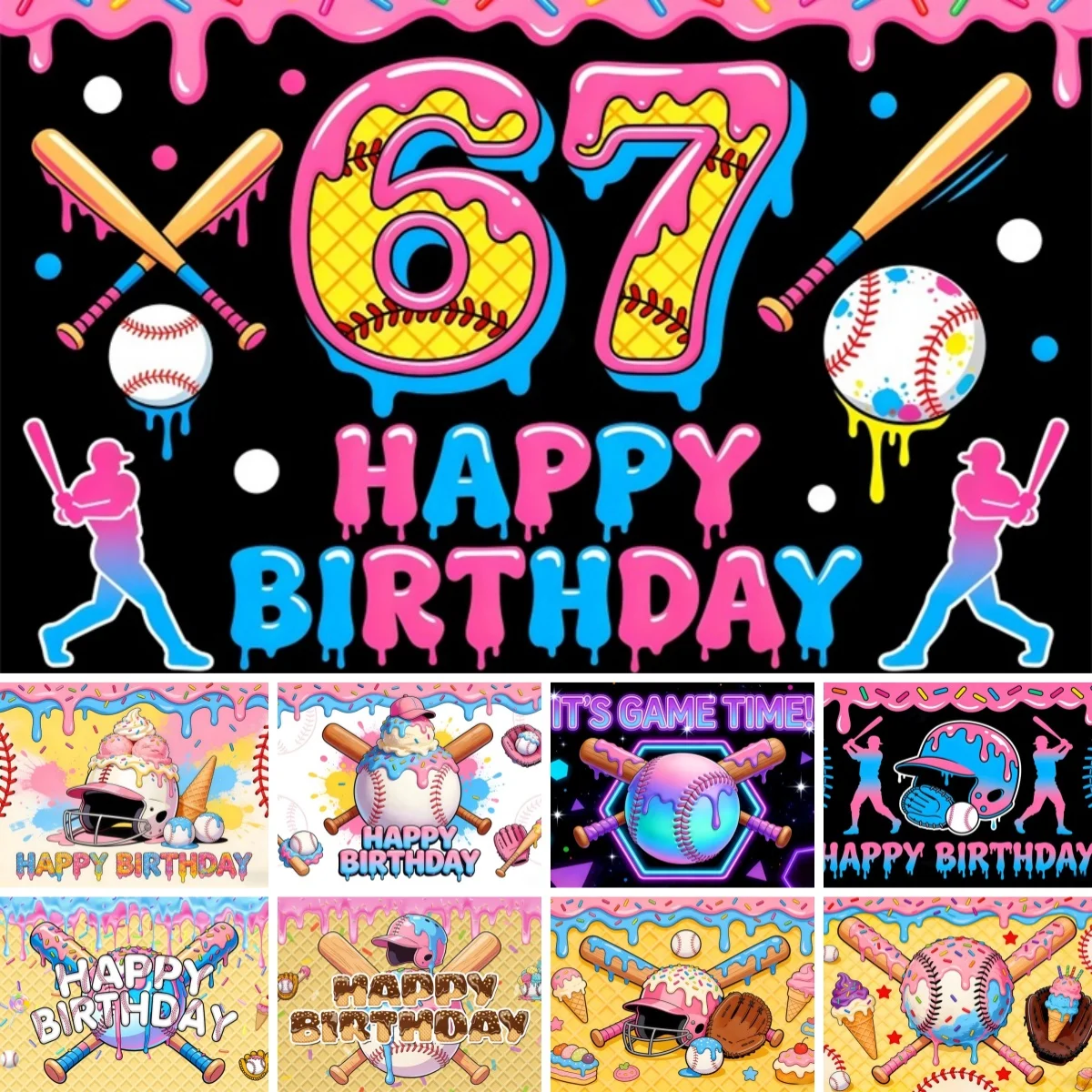 Baseball Sports Photography Backdrop Dessert Ice Cream Game Hilarious 67 Art Poster Boys Girls Birthday Party Photo Background