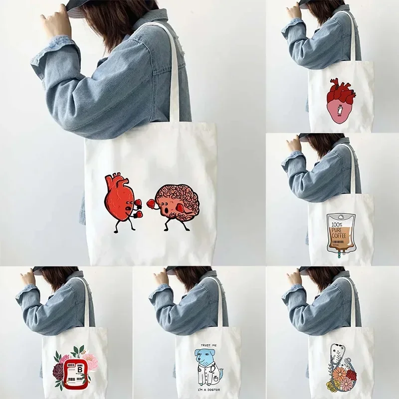 Harajuku Shopping Handbags Funny Anatomy Doctor Nurse Medical Medicine Health Heart Flower Stethoscope Shoulder Canvas Totes Bag