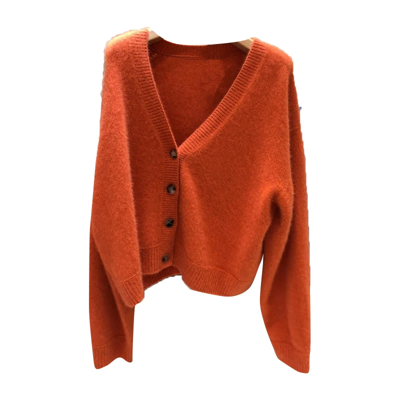 Women\'s Orange Fleece Knitted Sweater, V-Neck Cardigan, Button, Long-Sleeved, Casual Female Outwear Coats, Winter Tops