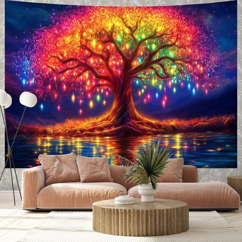 Colorful Rainbow Tree of Life UV Reactive Tapestry Witchcraft Hippie Wall Hanging Bohemian Mandala Art Aesthetic Room Wall De #