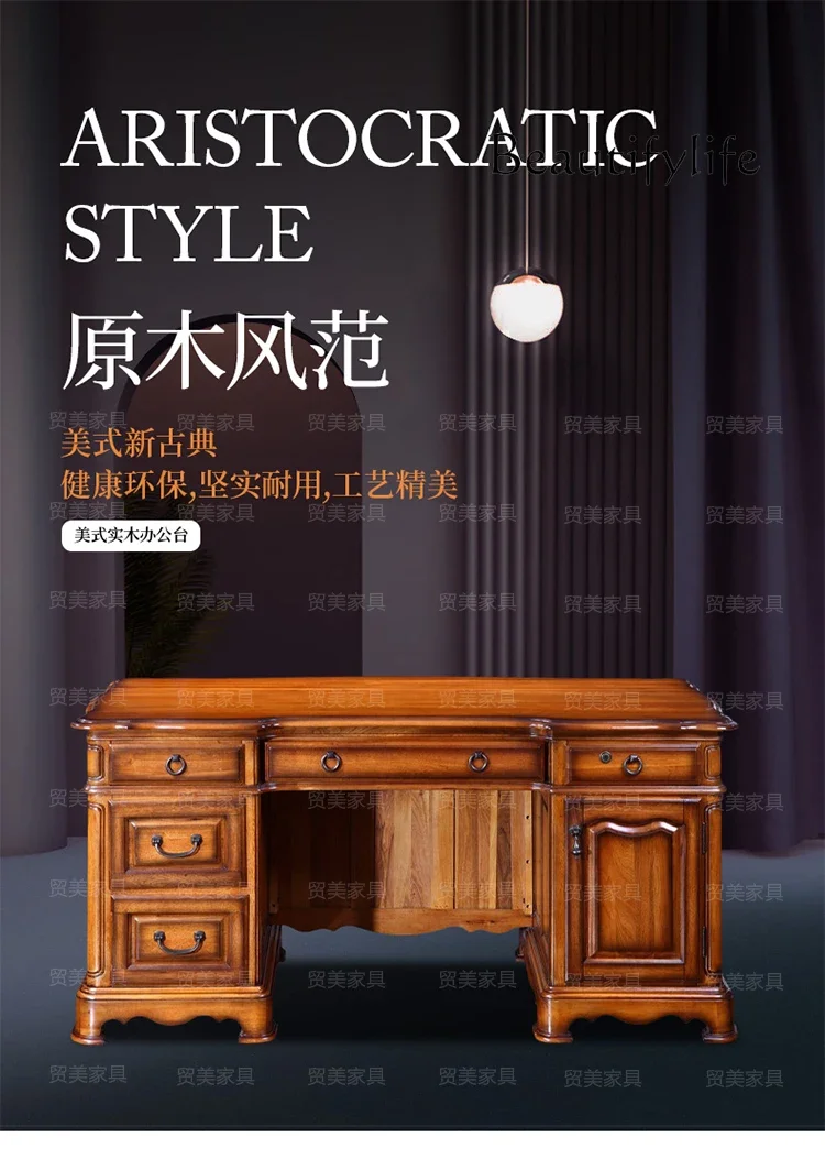 

American-Style Solid Wood Desk European-Style Executive Desk Table Luxury and Elegant Anchor Writing Desk