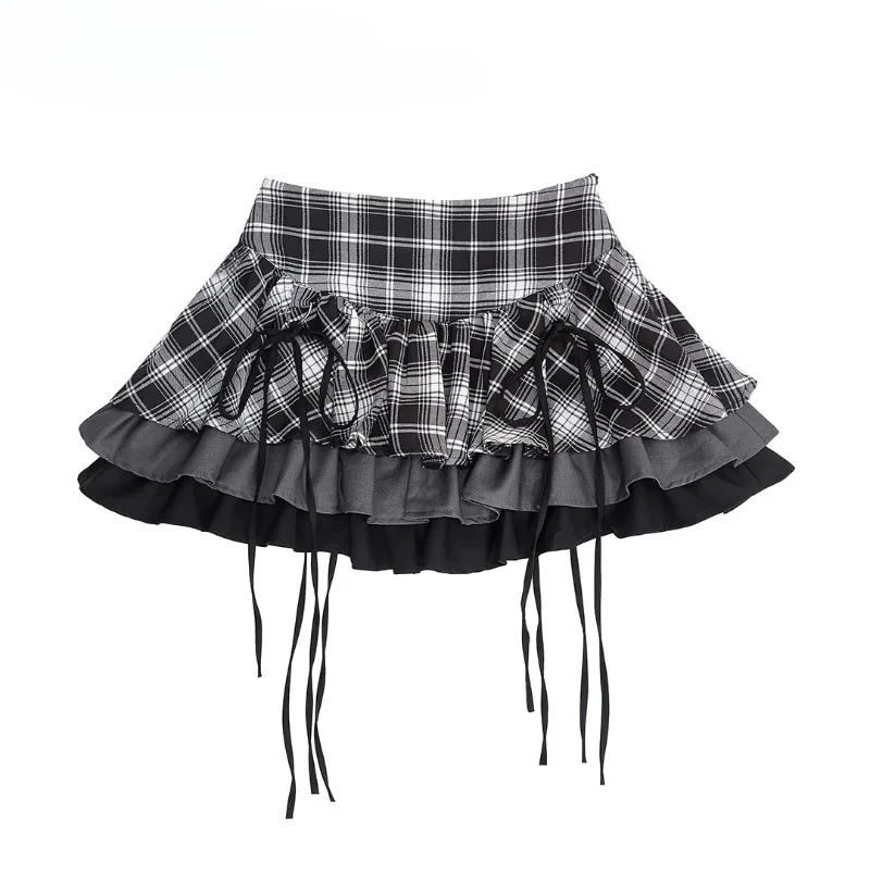 

Sweet Cute High Waist Tie Plaid Puffy Skirts for Girls Summer Original Versatile Heavy Craft Multi-layer Patchwork Short Skirt