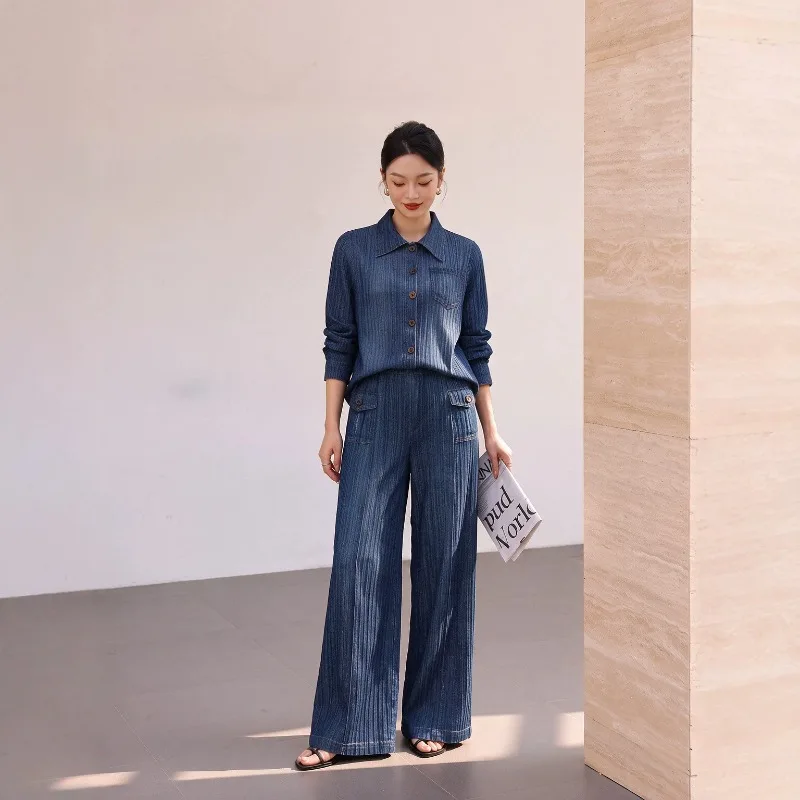 Miyake Pleated 2026 New Denim Set for Women Lapel Pocket Long Sleeve Shirt Workwear Patch Pocket Wide Leg Pants Two-Piece Set