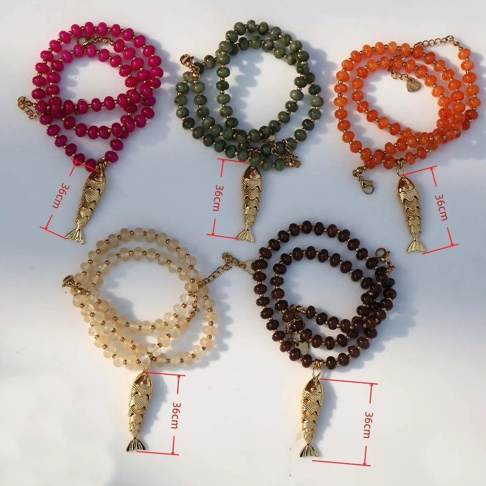 2026 Bohemian style Gold koi fish pendant (swayable) stainless steel bead separator natural stone abacus bead necklace
